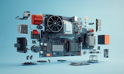 Fototapete - Disassembled computer motherboard with its individual components floating in mid-air against a blue background.