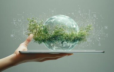Poster - Futuristic 3D Earth hologram displayed on a tablet, hand holding the device, with floating lines and icons, gray background, generative AI, digital innovation theme