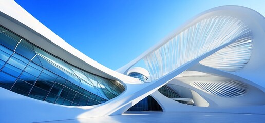 Poster - Futuristic white building with curved lines and glass windows against a blue sky.
