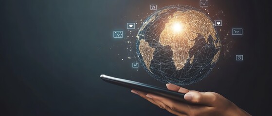 Poster - 3D globe made of lines and dots with floating social media icons, hand holding a tablet, dark gray background, focused light from above, generative AI, sleek and techforward design