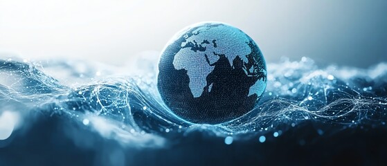 Poster - Abstract globe and world map on white background with blue wave elements, depicting global technology networks and business travel, generative AI design, futuristic feel