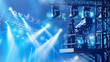 © Grispb - Lighting engineer directs spotlight onto stage. Man with professional lighting equipment. Guy standing on temporary structure with spotlights. Career as lighting engineer. Cameraman back to camera