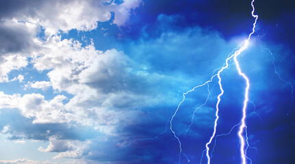 Poster - Cloudy and clear sky. Weather change. Contrasting climate. Sky with clouds and lightning. Sudden change of weather. Thunderstorm and lightning in summer sky. Climate deterioration.