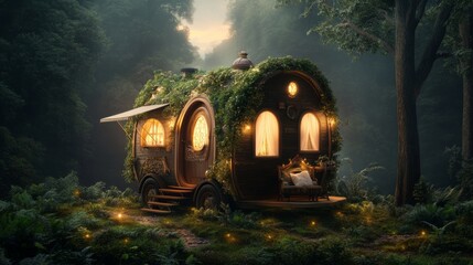 Wall Mural - Enchanted tiny home nestled in a mystical forest