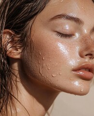 close-up portrait of a young female caucasian woman with closed eyes, wet skin, visible freckles, an
