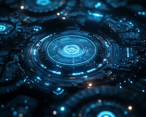 Poster - Bluethemed abstract digital background with large gears and cogs, illuminated by soft glowing light, dark color palette highlighting technology and mechanics, Generative AI