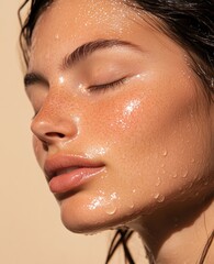 Close-up of freckled Caucasian female model, wet skin with glow