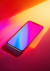 A phone is laying on a table with a colorful background