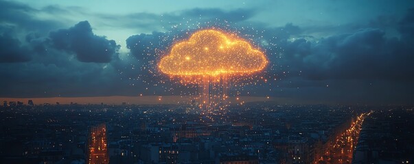 Poster - Cloud surrounded by digital technology icons, floating over an urban cityscape at dusk, showcasing cloud infrastructure and smart city concepts, Generative AI
