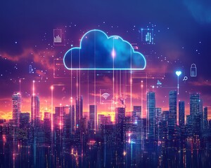 Poster - Cloud with surrounding digital icons, floating over a modern cityscape, illustrating the integration of cloud services and urban technology, Generative AI