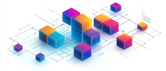 Poster - Colorful isometric network with blocks and dots in minimalist line art style, connected by lines on a white background, modern abstract design, Generative AI