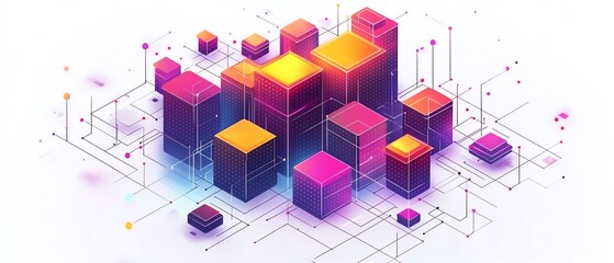Poster - Colorful isometric network with blocks and dots in minimalist line art style, connected by lines on a white background, modern abstract design, Generative AI