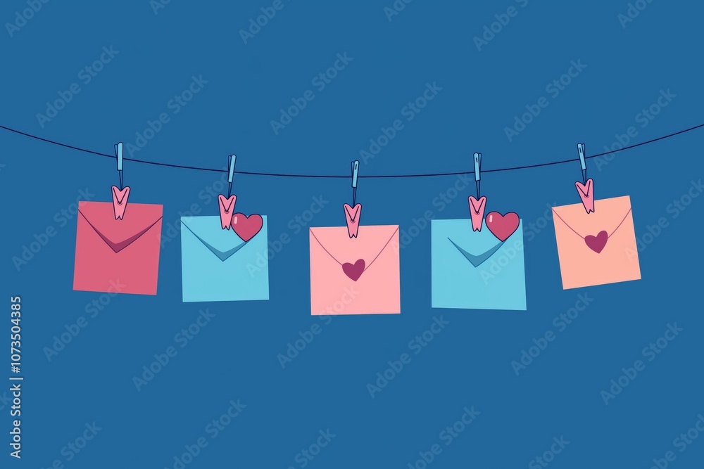 A playful flat illustration of love letters hanging on a string with heart-shaped clips against a blue background, evoking a sense of romance and affection
