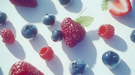 Wall Mural - A flat lay of fresh blueberries, raspberries, and strawberries on a white background, with natural light casting shadows.