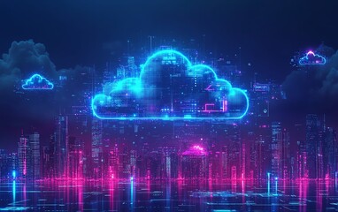Poster - Futuristic cloud surrounded by vibrant digital icons, hovering over an urban city skyline, symbolizing cloud computing and digital innovation, Generative AI