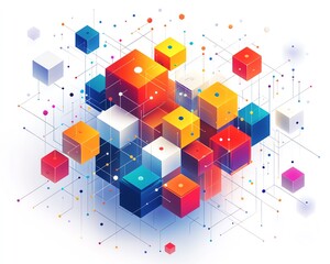 Poster - Isometric digital network represented with minimalist lines, colorful blocks, and dots, arranged on a white background, clean and modern aesthetic, Generative AI