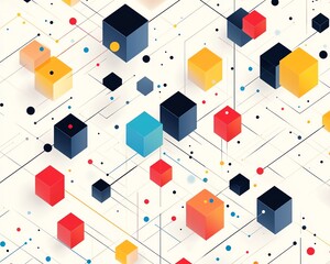 Poster - Isometric digital network represented with minimalist lines, colorful blocks, and dots, arranged on a white background, clean and modern aesthetic, Generative AI
