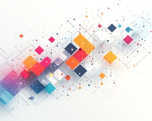 Poster - Isometric digital network represented with minimalist lines, colorful blocks, and dots, arranged on a white background, clean and modern aesthetic, Generative AI