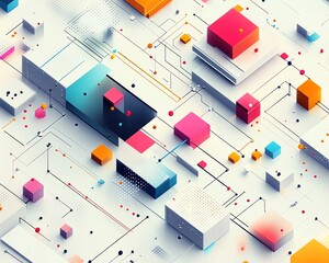 Poster - Isometric digital network represented with minimalist lines, colorful blocks, and dots, arranged on a white background, clean and modern aesthetic, Generative AI
