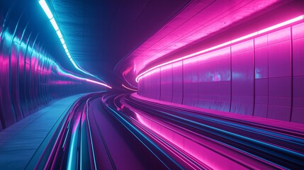Poster - a mesmerizing view inside an illuminated tunnel featuring vibrant blue and pink lights, showcasing t