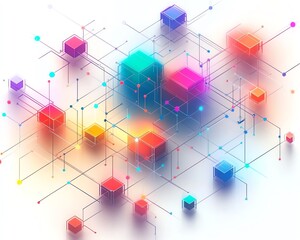 Poster - Minimalist line art of an isometric network with colorful blocks and dots on a white background, clean and modern design, representing digital connections, Generative AI