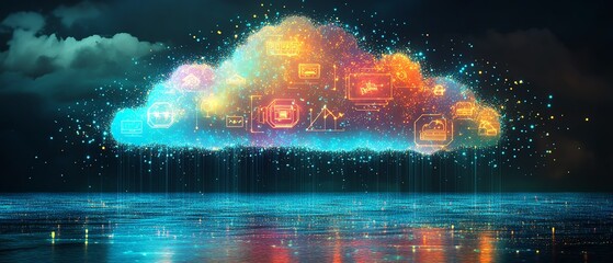 Poster - Urban city landscape with a cloud filled with glowing digital icons, illustrating the convergence of technology, digital communication, and urban innovation, Generative AI