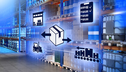 Poster - Logistics and storage. Warehouse fulfillment symbols. Logistics storehouse. Warehouse tech. Virtual screen near shelves for storing barrels and boxes. Storage technologies for factory. 3d image