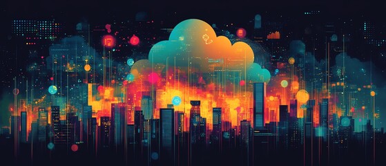 Poster - A cloud surrounded by colorful digital icons, set against a futuristic city skyline, representing cloud computing and technologydriven urban landscapes, Generative AI