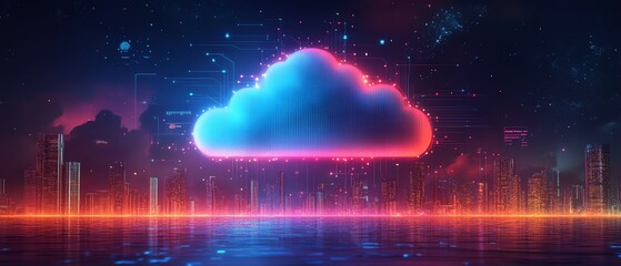 Poster - A cloud surrounded by colorful digital icons, set against a futuristic city skyline, representing cloud computing and technologydriven urban landscapes, Generative AI