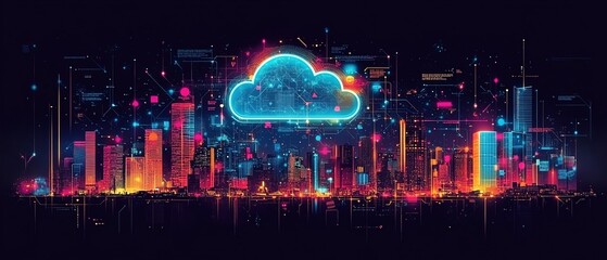 Leinwandbilder - A cloud surrounded by colorful digital icons, set against a futuristic city skyline, representing cloud computing and technologydriven urban landscapes, Generative AI