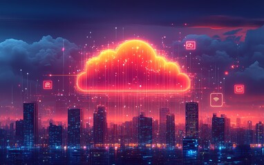 Poster - A digital cloud surrounded by floating tech icons, above a bustling cityscape, representing the intersection of cloud technology and urban development, Generative AI