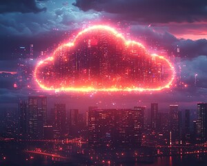 Poster - A glowing cloud filled with digital icons, hovering above a modern city skyline, symbolizing the future of smart cities and cloudbased technology, Generative AI