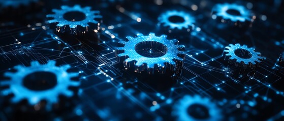 Leinwandbilder - Abstract digital technology backdrop in shades of blue, with interconnected gears and cogs, set against a dark color palette, representing advanced machinery, Generative AI