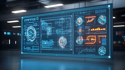 Aufkleber - Groundbreaking Blueprint with Neon Highlights Showcasing Innovative Solution Plans in a Dark Room Setting  Futuristic and Minimalist Design Concept for Technology Architecture and Engineering