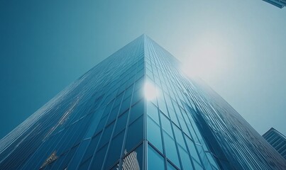 Poster - Low angle view of a modern skyscraper with sun reflecting off the glass facade.