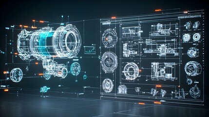 Aufkleber - Glowing blueprint against a dark background revealing intricate plans and schematics for developing new and innovative solutions through technology design and engineering