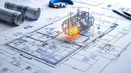 Fototapete - Glowing blueprint with structural lines representing innovative ideas technological solutions and the potential for progress and advancement