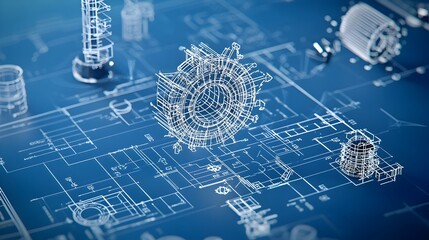 Aufkleber - Digitally rendered blueprint with glowing structural lines and shapes representing innovative ideas creative solutions and future technological advancements