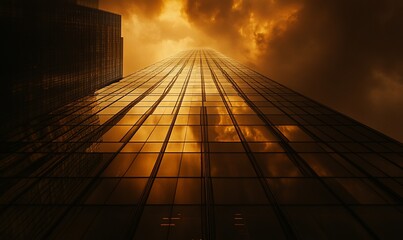 Aufkleber - Low angle view of a skyscraper with a dramatic sunset reflecting in the glass facade.