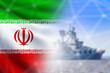 © Grispb - Iranian navy. Warship sails on sea. Flag of Iran. Cruiser of Iranian people republic. Ship guards country maritime borders. Navy patrols coastline. Iran armed forces. Selective focus.