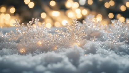 Poster - Sparkling Snowflakes On A Bed Of Snow, Illuminated By Christmas Lights Creating A Festive Bokeh Effect, Complemented By Real Snowdrifts And Acrylic Crystals.