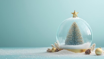 pastel blue christmas with transparent ball and gold decorations: xmas tree in snow globe. horizonta