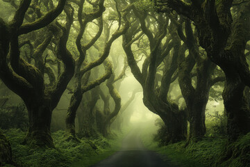 Misty forest path with twisted, moss-covered ancient trees creating an enchanting, mystical atmosphere under a canopy of rich green foliage.