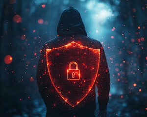 Poster - A man in a black hoodie with a red shield and padlock icon on a dark blue background, symbolizing cyber security and digital protection, Generative AI