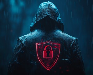 Fototapete - A man in a black hoodie with a red shield and padlock icon on a dark blue background, symbolizing cyber security and digital protection, Generative AI