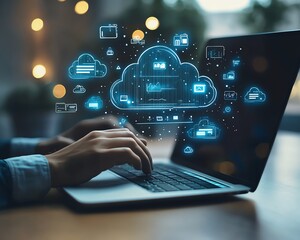 Leinwandbilder - A person interacting with a laptop surrounded by cloud storage icons and datafilled file wraps, showing cloud accessibility for businesses on tablets and computers, Generative AI