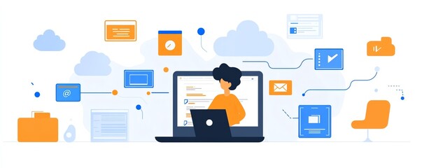 Aufkleber - A person using a laptop with cloud storage icons and multiple file wraps around the screen, showing data in clouds accessible to tablets and computers for business, Generative AI