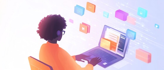 Fototapete - A person working on a laptop with cloud storage icons and file wraps, illustrating how businesses can access and share data across devices in the cloud, Generative AI