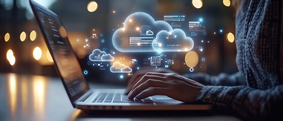 Poster - A person working on a laptop with cloud storage icons and file wraps, illustrating how businesses can access and share data across devices in the cloud, Generative AI