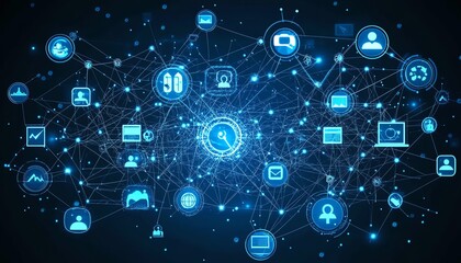 Poster - Blue digital network with interlinked people icons, creating an abstract representation of technology, social media, and global digital connections, Generative AI